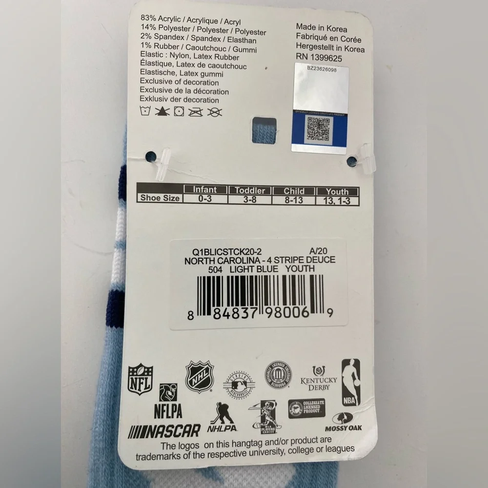 For Bare Feet Youth North Carolina Tar Heels 4-Stripe Deuce crew socks 13.(1-3)